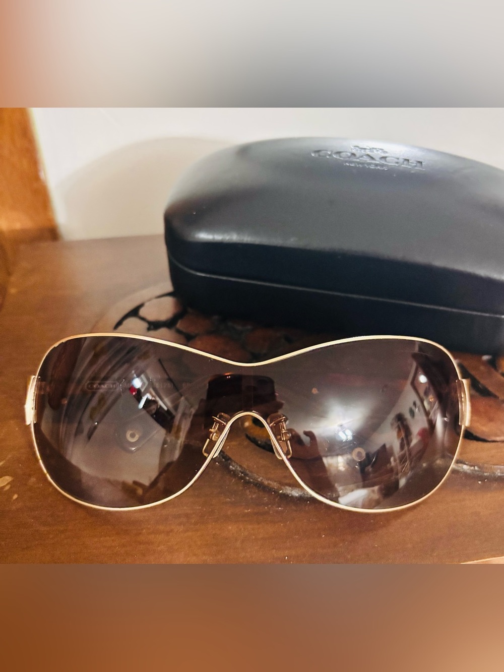 Coach Marina Oversized Gold Frame Brown Gradient Shield Sunglasses w/ Coach case